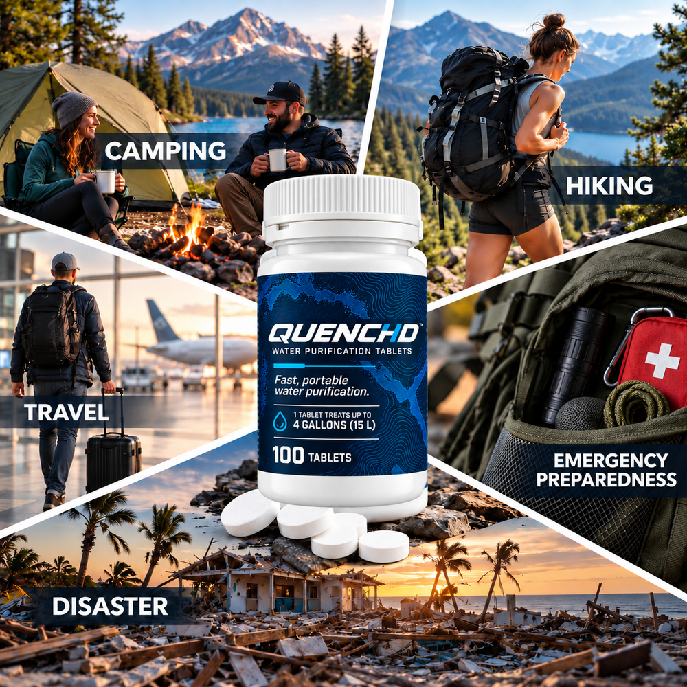 QUENCHD water purification tablets, 100 tablets per bottle